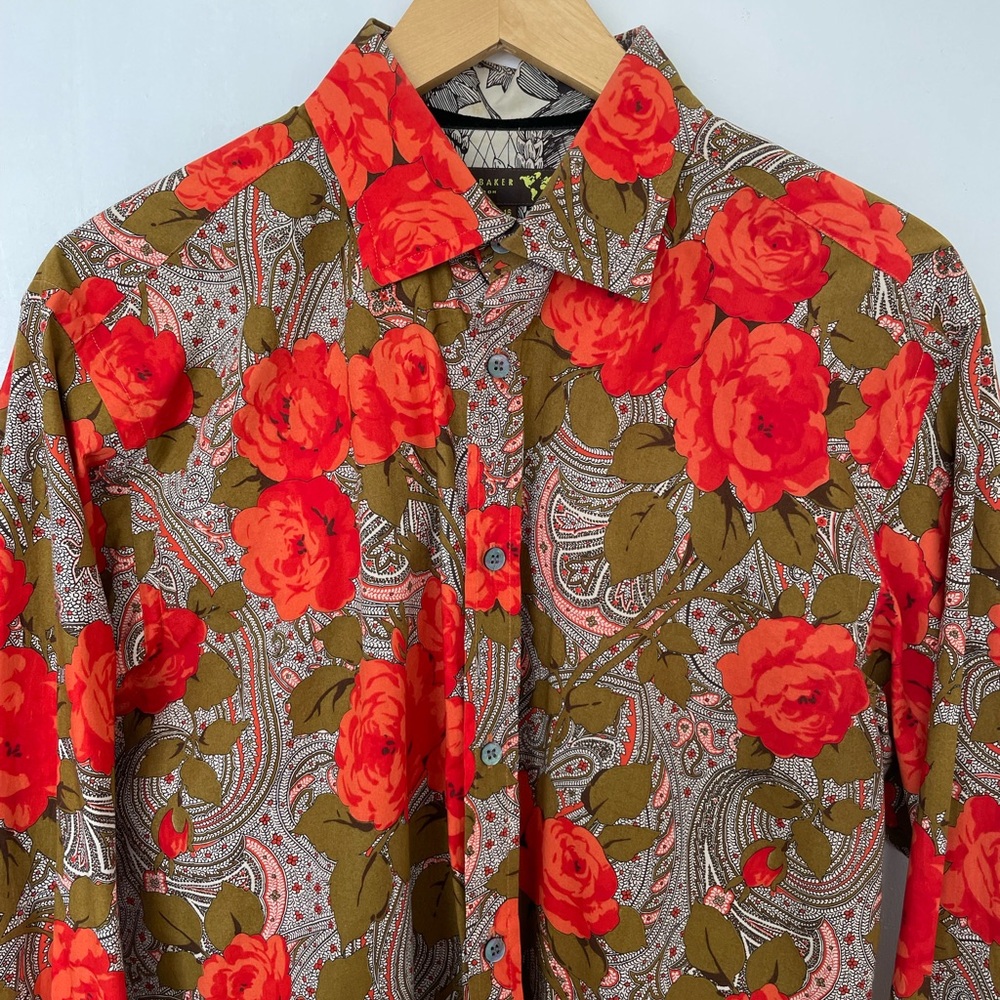 Ted Baker Men's Floral Button-Up Shirt in Olive with Orange Roses